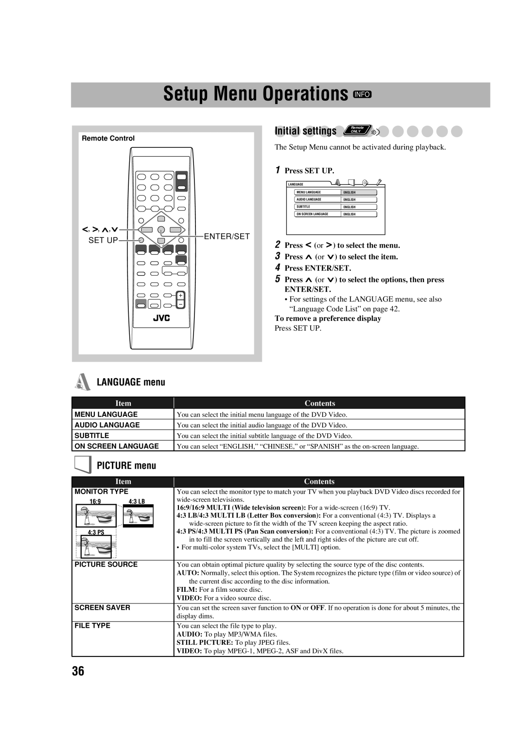 JVC UX-G70 manual Setup Menu Operations Info, Language menu, Picture menu, Contents 