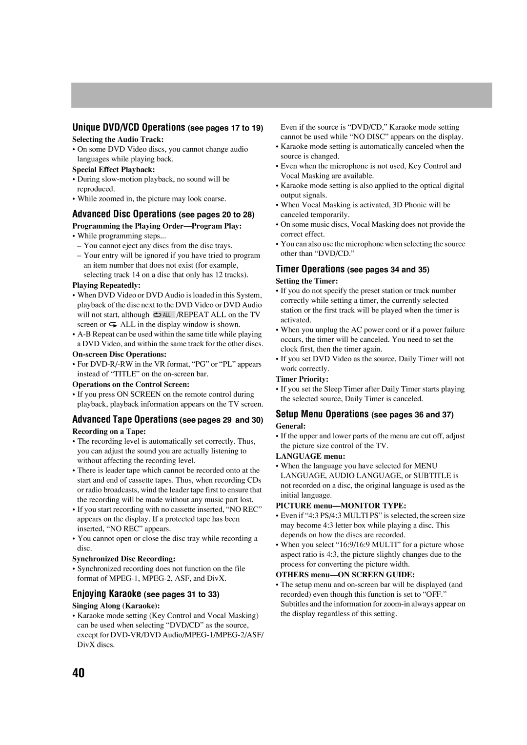 JVC UX-G70 manual Setup Menu Operations see pages 36, Enjoying Karaoke see pages 31 to, Timer Operations see pages 34 