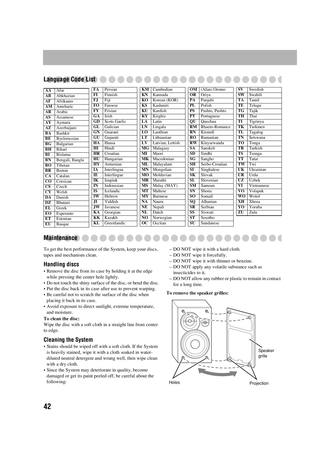 JVC UX-G70 manual Language Code List, Maintenance, Handling discs, Cleaning the System 