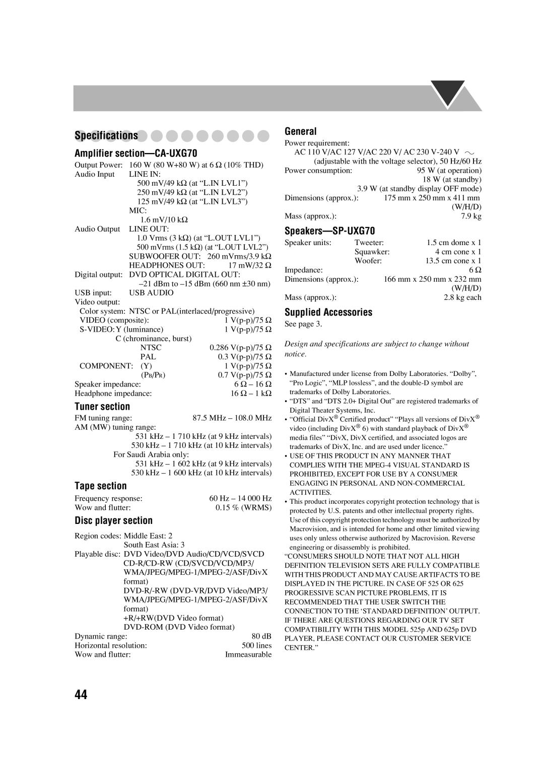 JVC UX-G70 Specifications Amplifier section-CA-UXG70, Tuner section, Tape section, Disc player section, Speakers-SP-UXG70 