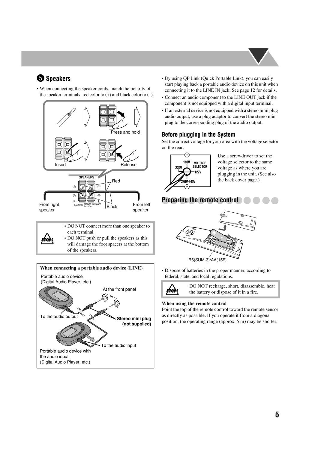 JVC UX-G70 manual @ Speakers, Preparing the remote control, Before plugging in the System, When using the remote control 