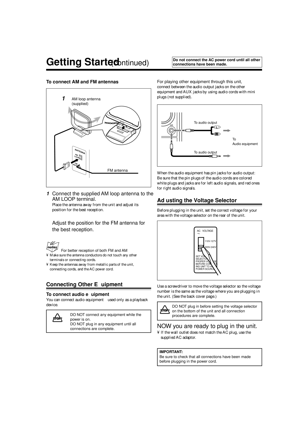 JVC SP-UXH100, UX-H100, CA-UXH100 manual Getting Started, Adjusting the Voltage Selector, Connecting Other Equipment 