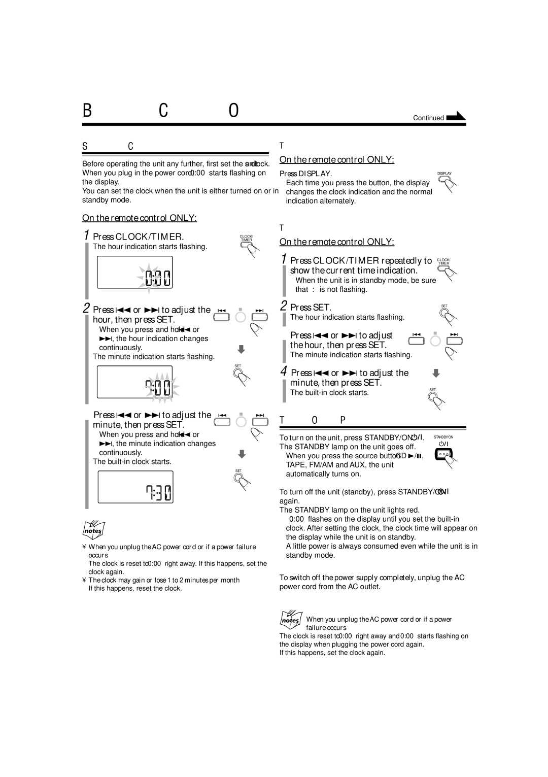 JVC CA-UXH100, UX-H100, SP-UXH100 manual Basic and Common Operations, Setting the Clock, Turning On the Power 