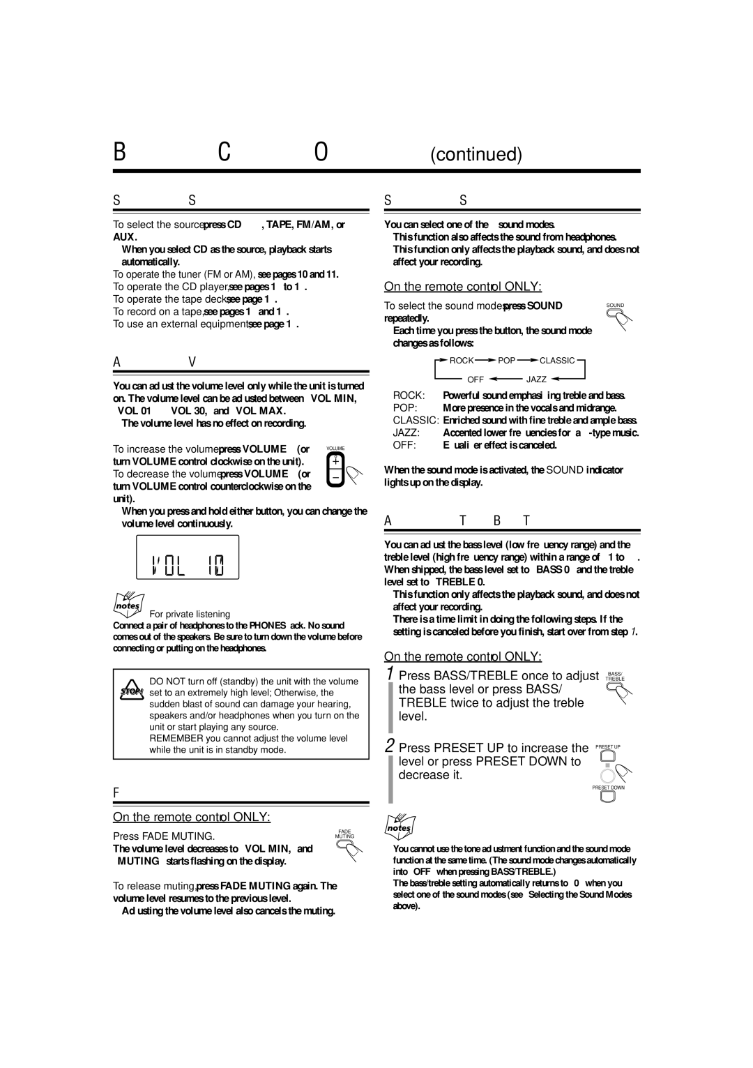 JVC UX-H100, SP-UXH100, CA-UXH100 manual Selecting the Source, Adjusting the Volume, Fade Muting, Selecting the Sound Modes 