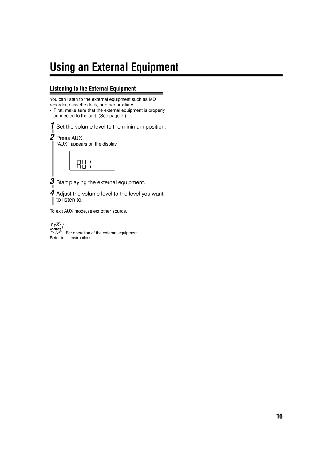 JVC SP-UXH100, UX-H100, CA-UXH100 manual Using an External Equipment, Listening to the External Equipment 