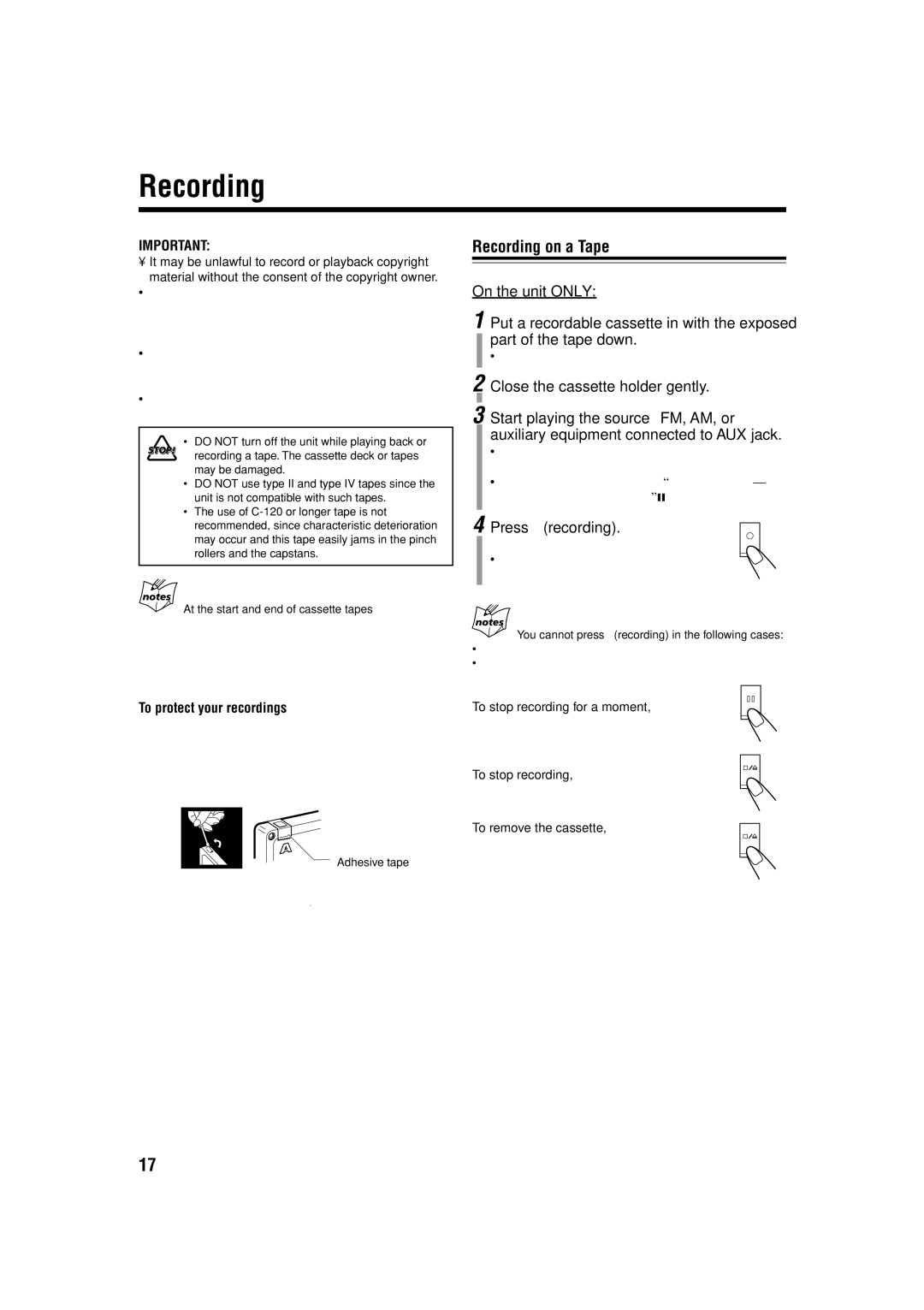 JVC CA-UXH100, UX-H100, SP-UXH100 manual Recording on a Tape, Press ‡ recording, To protect your recordings 