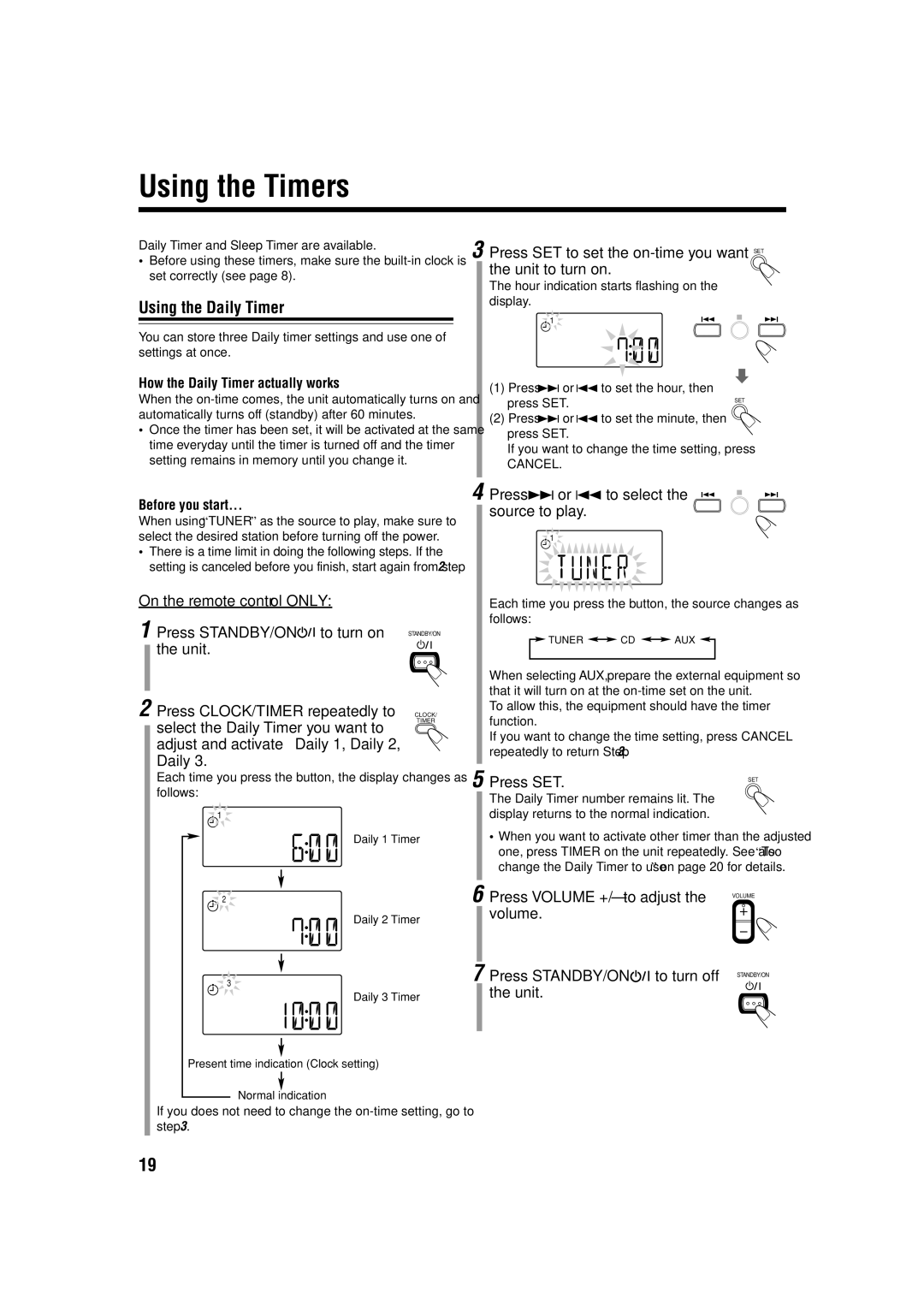 JVC SP-UXH100, UX-H100 Using the Timers, Using the Daily Timer, Press SET to set the on-time you want, Unit to turn on 