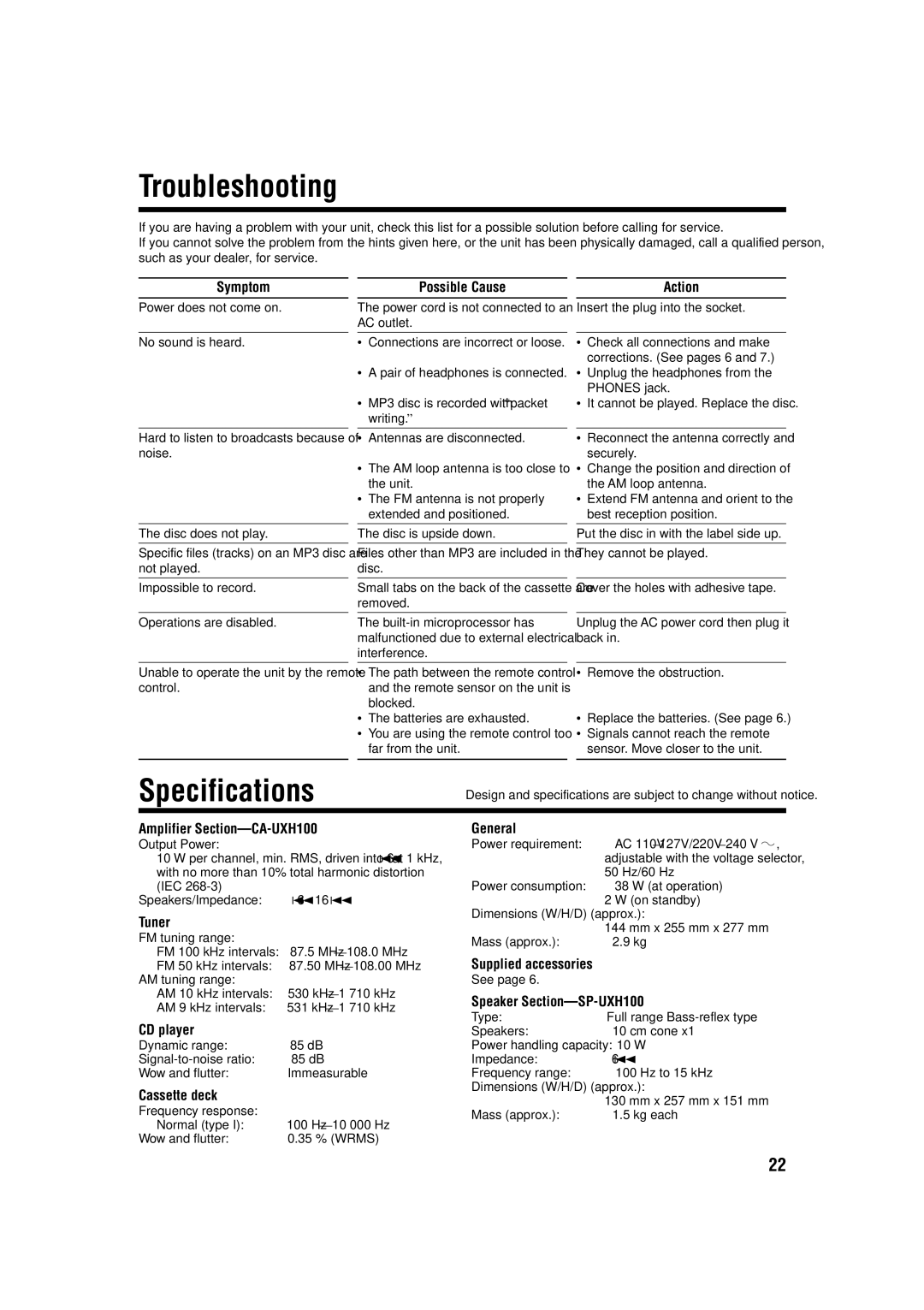 JVC SP-UXH100, UX-H100, CA-UXH100 manual Troubleshooting, Specifications 