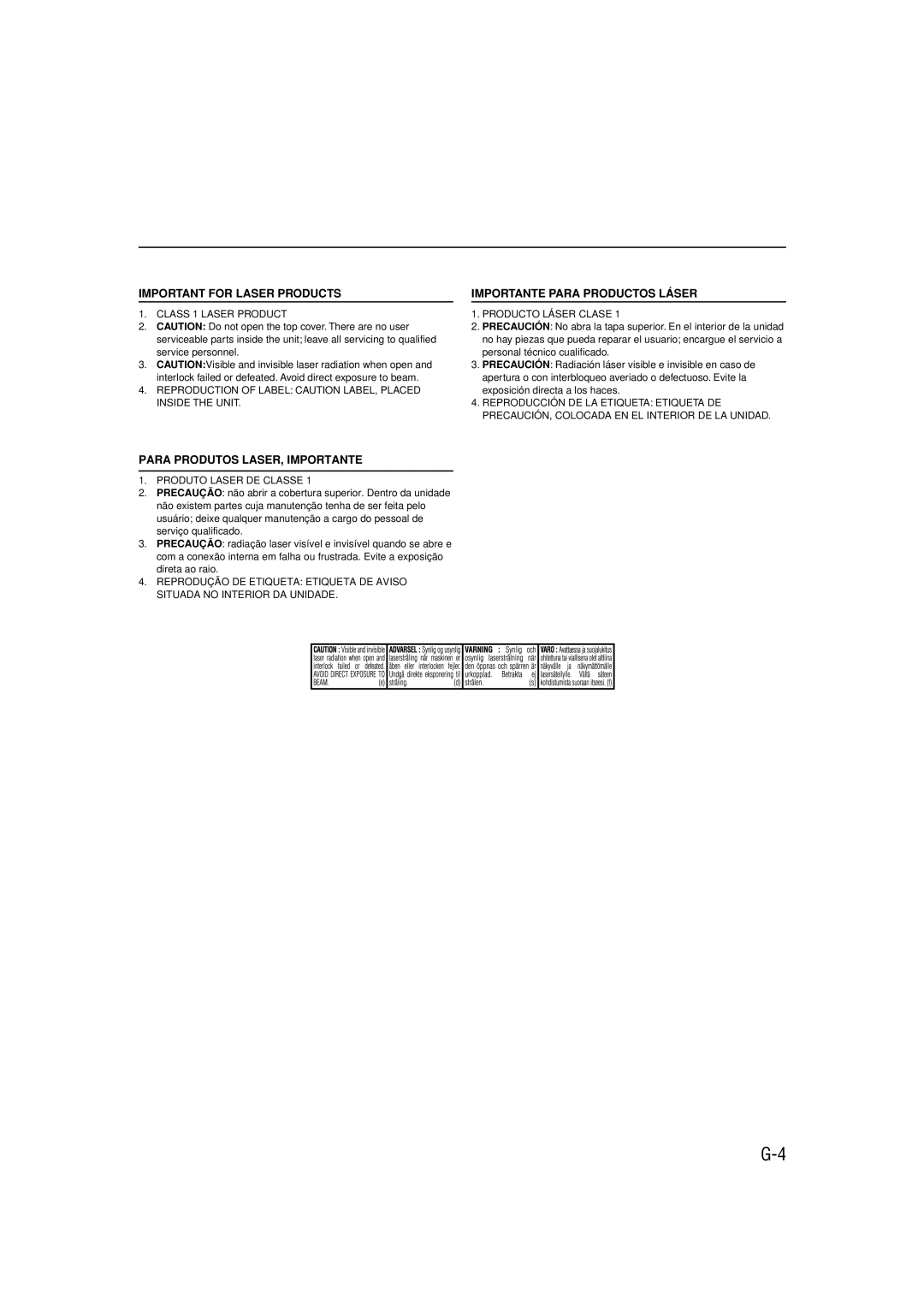 JVC SP-UXH100, UX-H100, CA-UXH100 manual Para Produtos LASER, Importante 