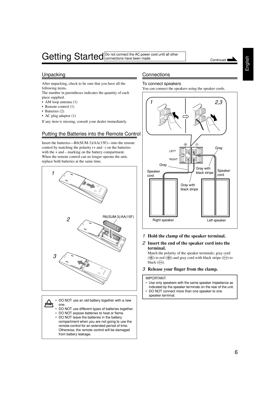 JVC SP-UXH100, UX-H100, CA-UXH100 manual Unpacking Connections, To connect speakers 