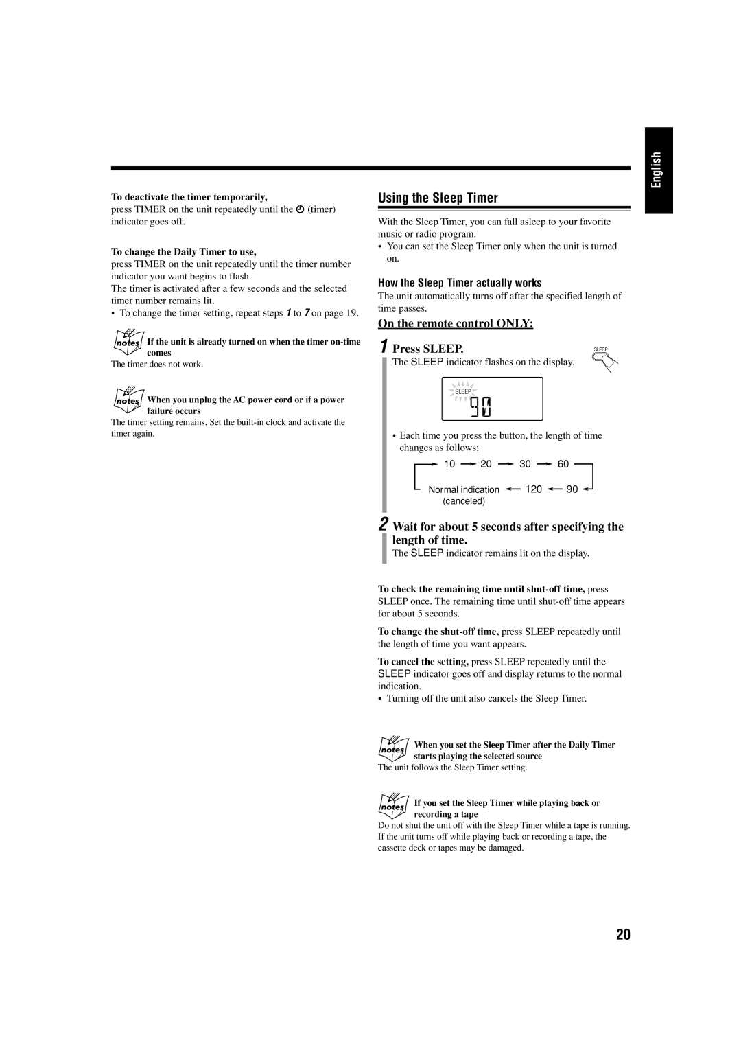 JVC UX-H100, SP-UXH100, CA-UXH100 manual Using the Sleep Timer 