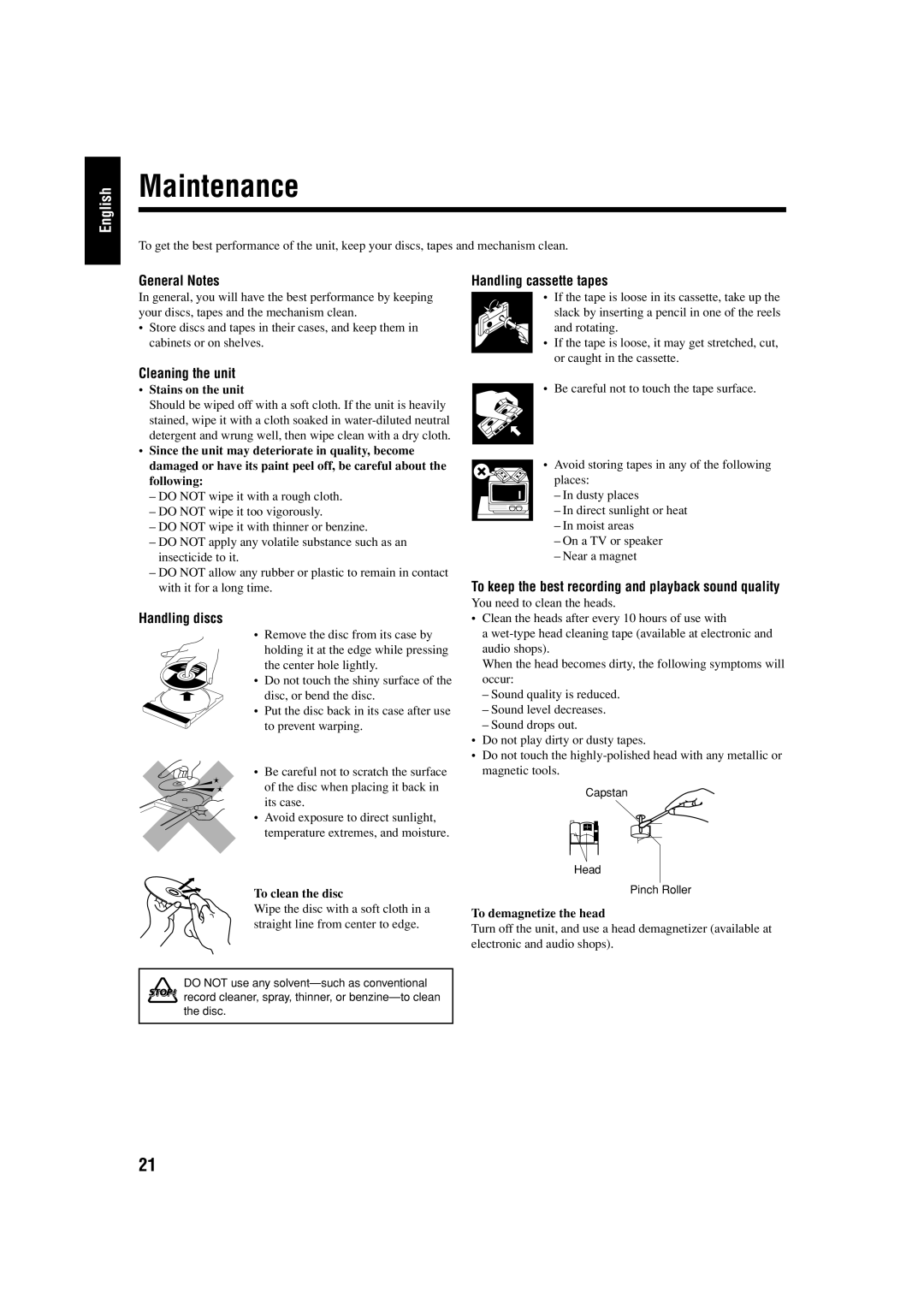 JVC SP-UXH100, UX-H100, CA-UXH100 manual Maintenance 