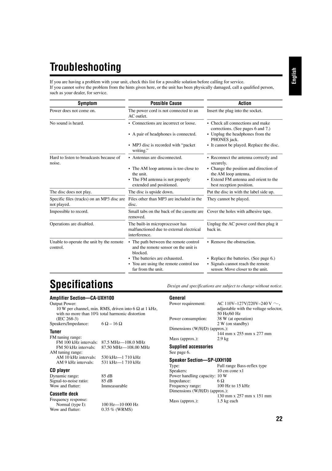 JVC CA-UXH100, UX-H100, SP-UXH100 manual Specifications, Symptom Possible Cause Action 