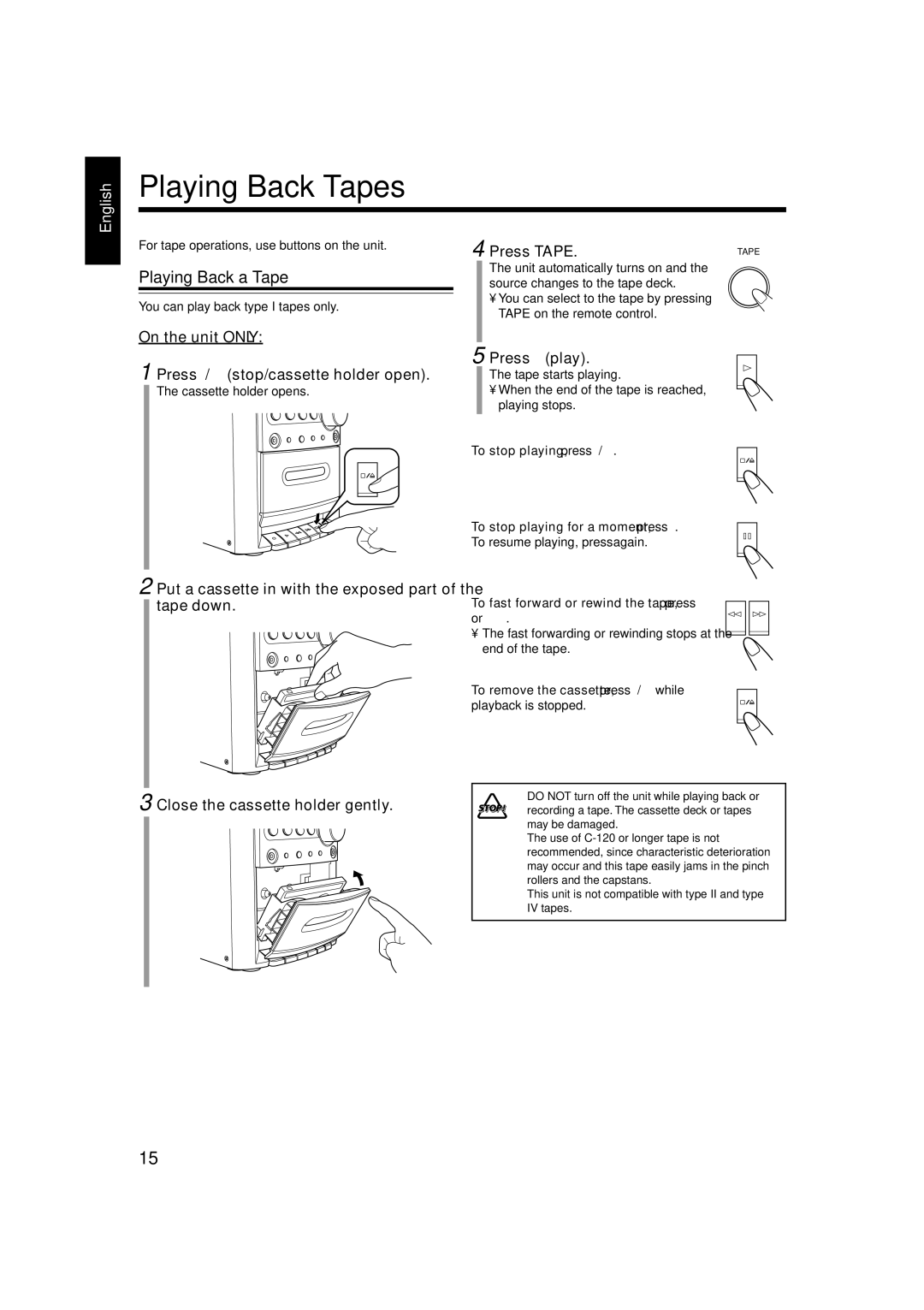 JVC UX-H100, SP-UXH100, CA-UXH100 manual Playing Back Tapes 