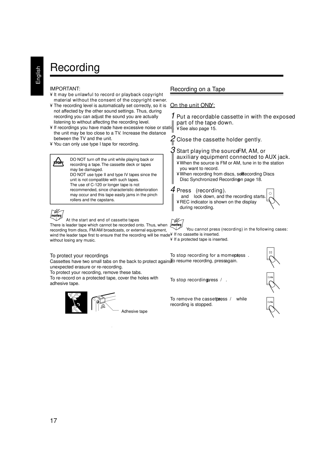 JVC CA-UXH100, UX-H100, SP-UXH100 manual Recording 