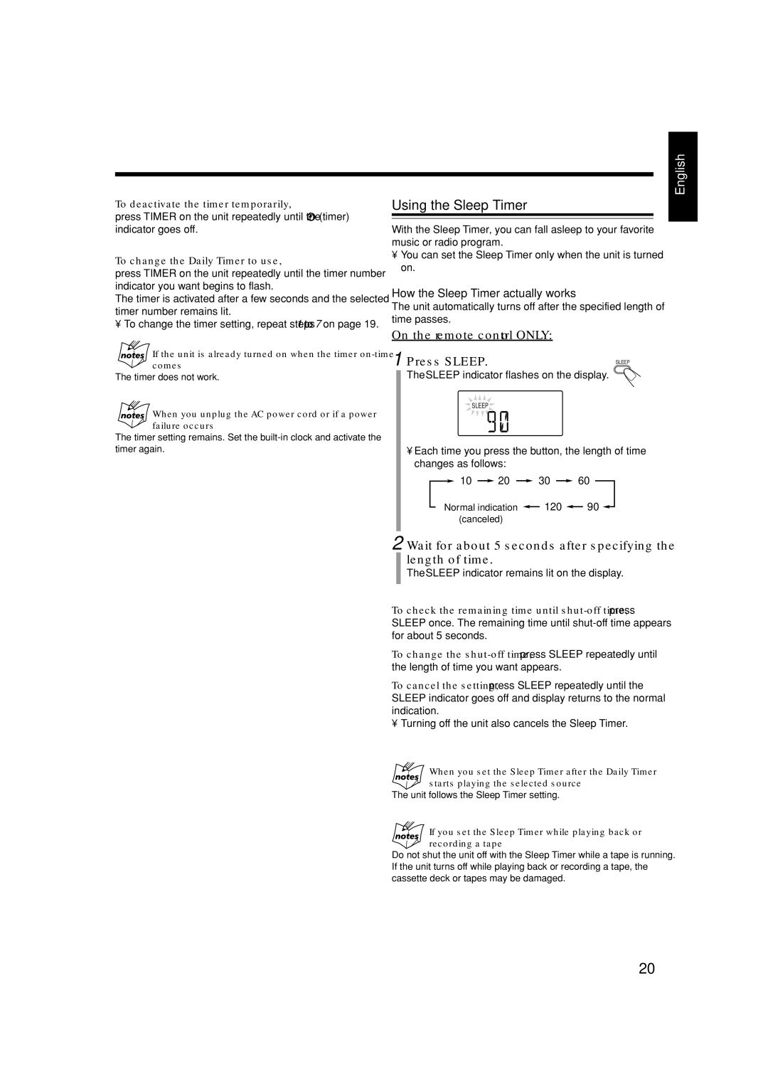 JVC CA-UXH100, UX-H100, SP-UXH100 manual Using the Sleep Timer 