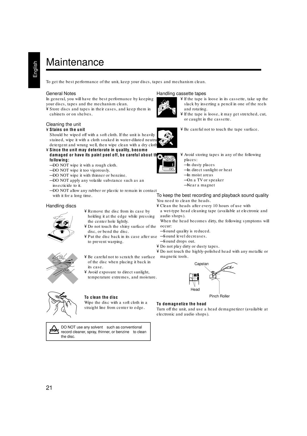 JVC UX-H100, SP-UXH100, CA-UXH100 manual Maintenance 