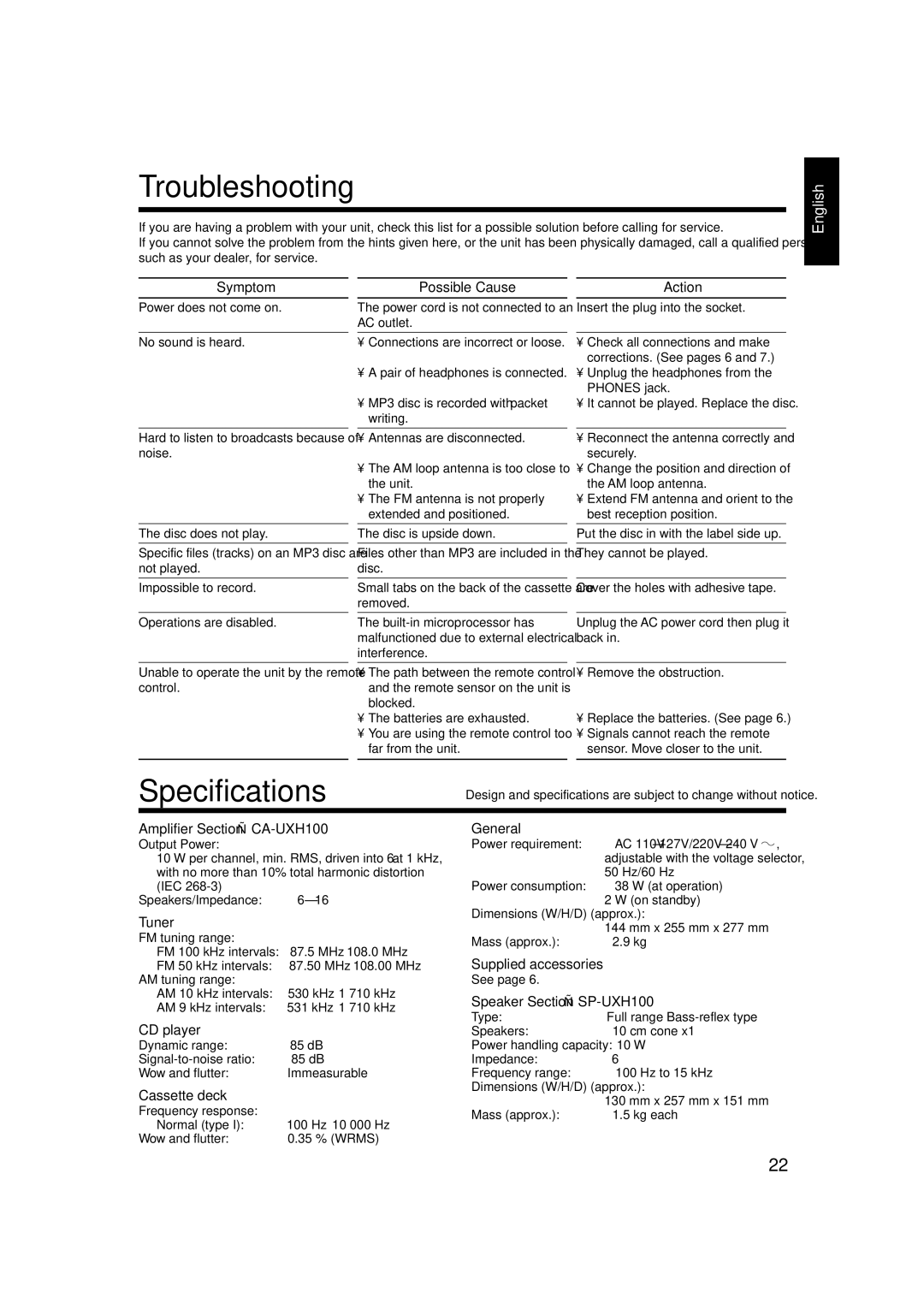 JVC SP-UXH100, UX-H100, CA-UXH100 manual Specifications 