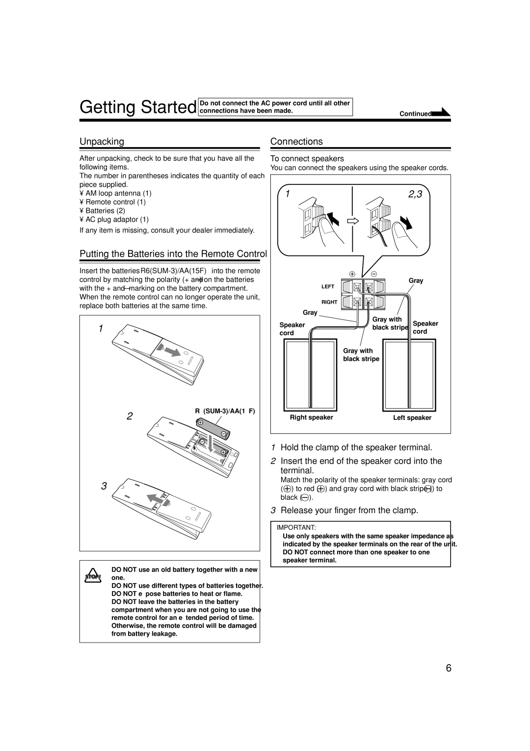 JVC UX-H100, SP-UXH100, CA-UXH100 manual Unpacking, Connections, Release your finger from the clamp, To connect speakers 