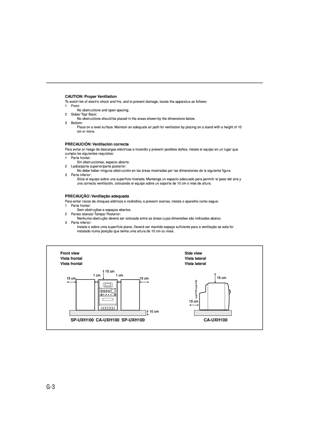 JVC UX-H100 manual SP-UXH100 CA-UXH100 SP-UXH100, CAUTION: Proper Ventilation, PRECAUCIÓN: Ventilación correcta 