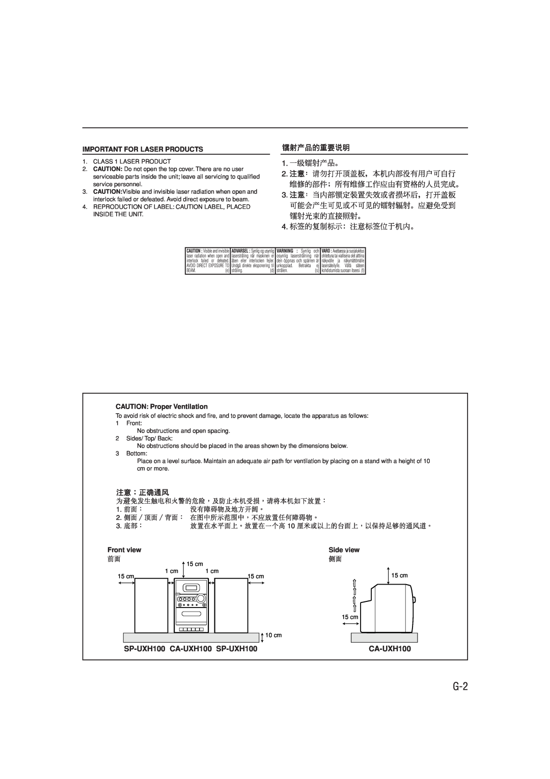 JVC UX-H100 manual SP-UXH100 CA-UXH100 SP-UXH100, Important For Laser Products, CAUTION: Proper Ventilation, Front view 