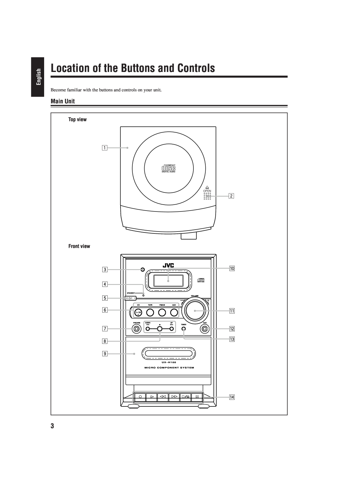 JVC UX-H100 manual English, 8e 9, Front view, Main Unit, Open, Standby, Volume, Tape, Fm/Am, Phones, Timer, U X – H 1 0 