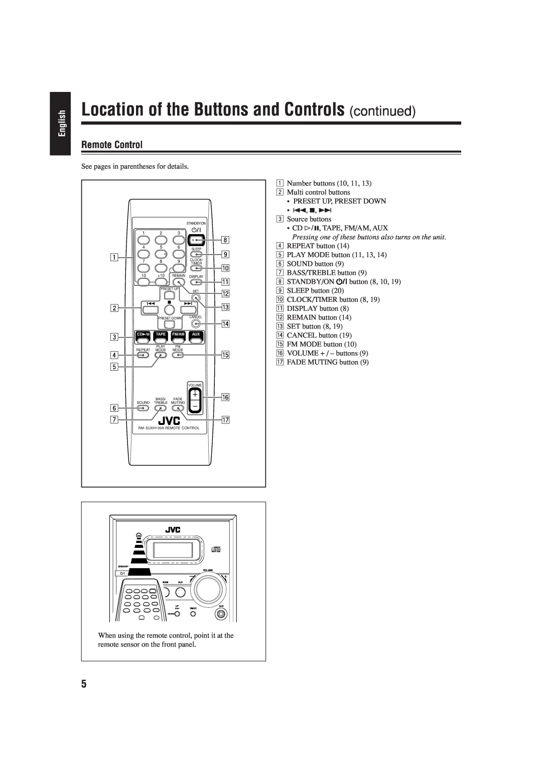 JVC CA-UXH100, UX-H100, SP-UXH100 manual Location of the Buttons and Controls continued, Remote Control, English 