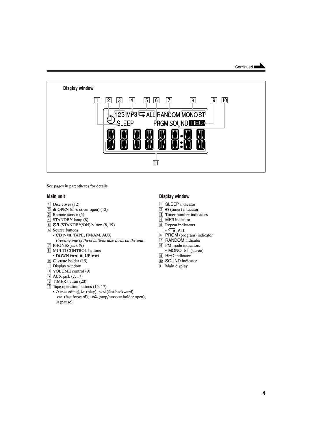 JVC SP-UXH100, UX-H100, CA-UXH100 manual Sleep, 12 3 MP3 ALL RANDOM MONO ST, Prgm Sound Rec, Display window, Main unit 