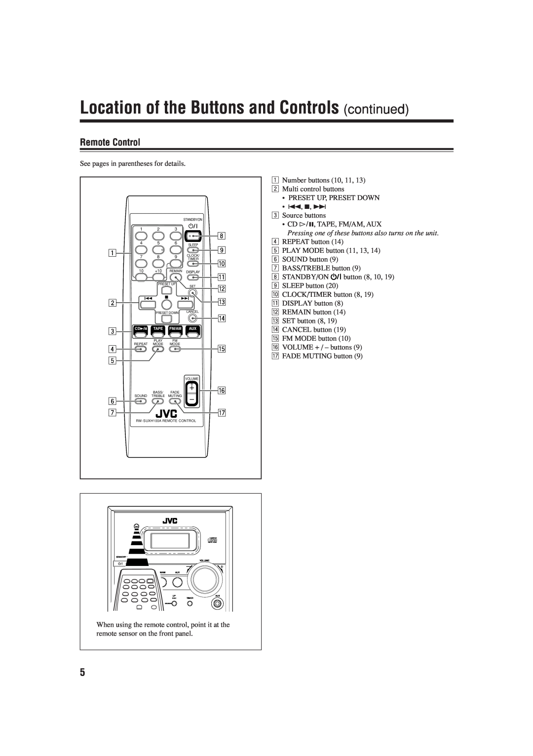 JVC CA-UXH100, UX-H100, SP-UXH100 manual Location of the Buttons and Controls continued, Remote Control 