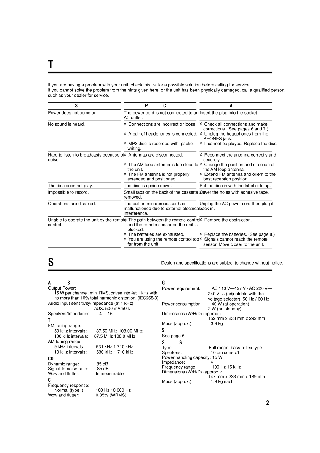 JVC UX-H300 manual Troubleshooting, Specifications 