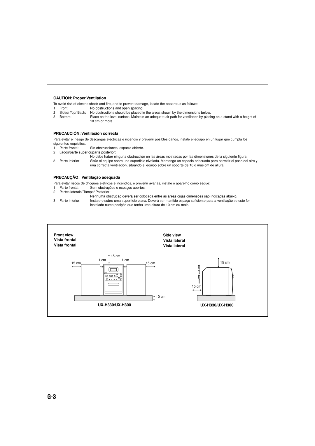 JVC UX-H300 manual CAUTION Proper Ventilation, PRECAUCIÓN: Ventilación correcta, PRECAUÇÃO: Ventilação adequada, Front view 