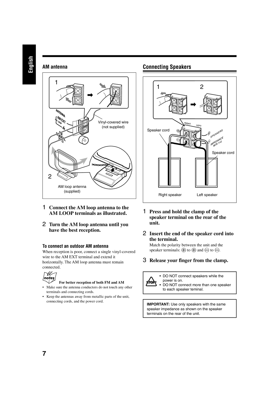 JVC UX-H33 manual Connecting Speakers, Turn the AM loop antenna until you have the best reception 