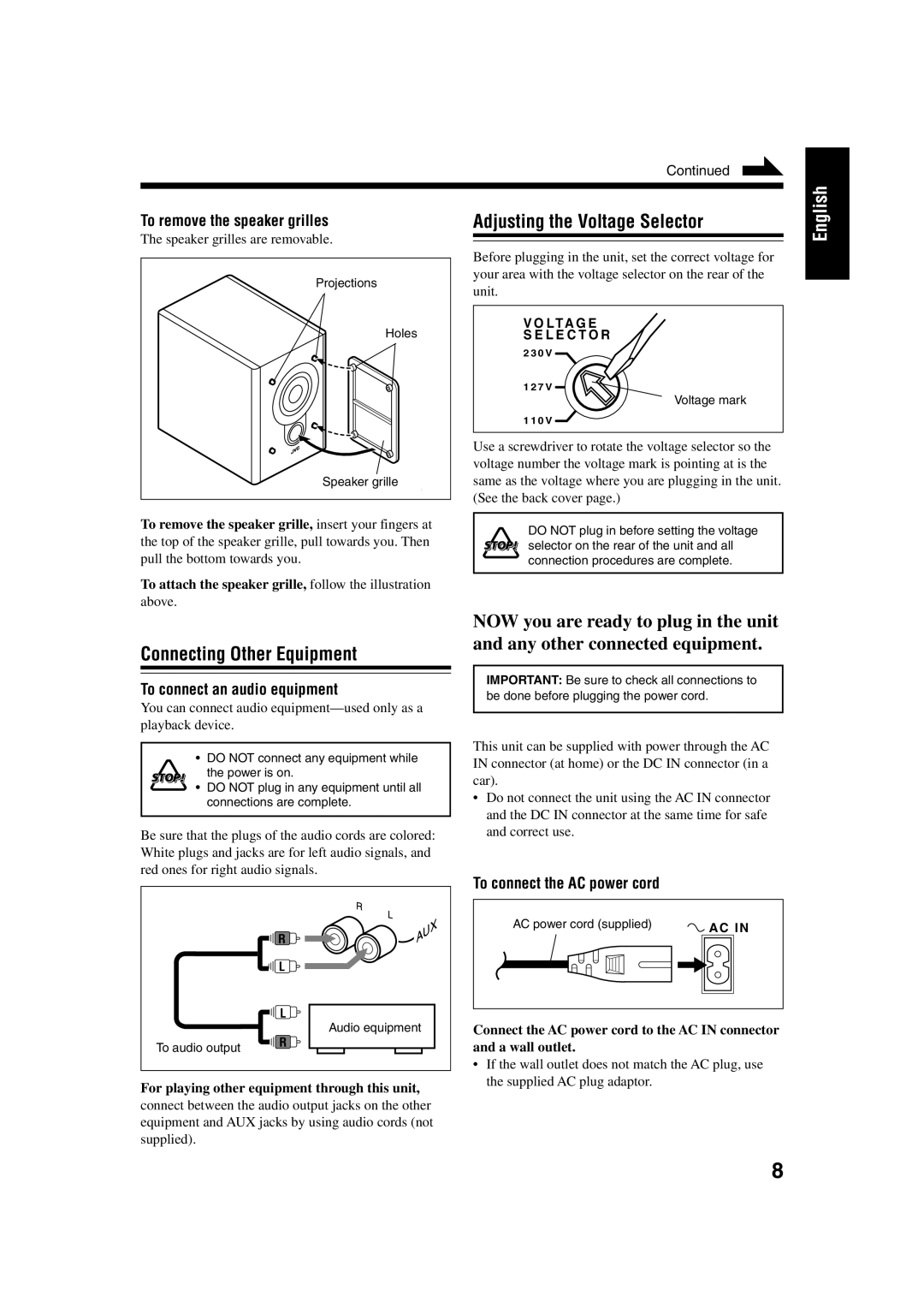 JVC UX-H33 manual Connecting Other Equipment, Adjusting the Voltage Selector, To remove the speaker grilles 