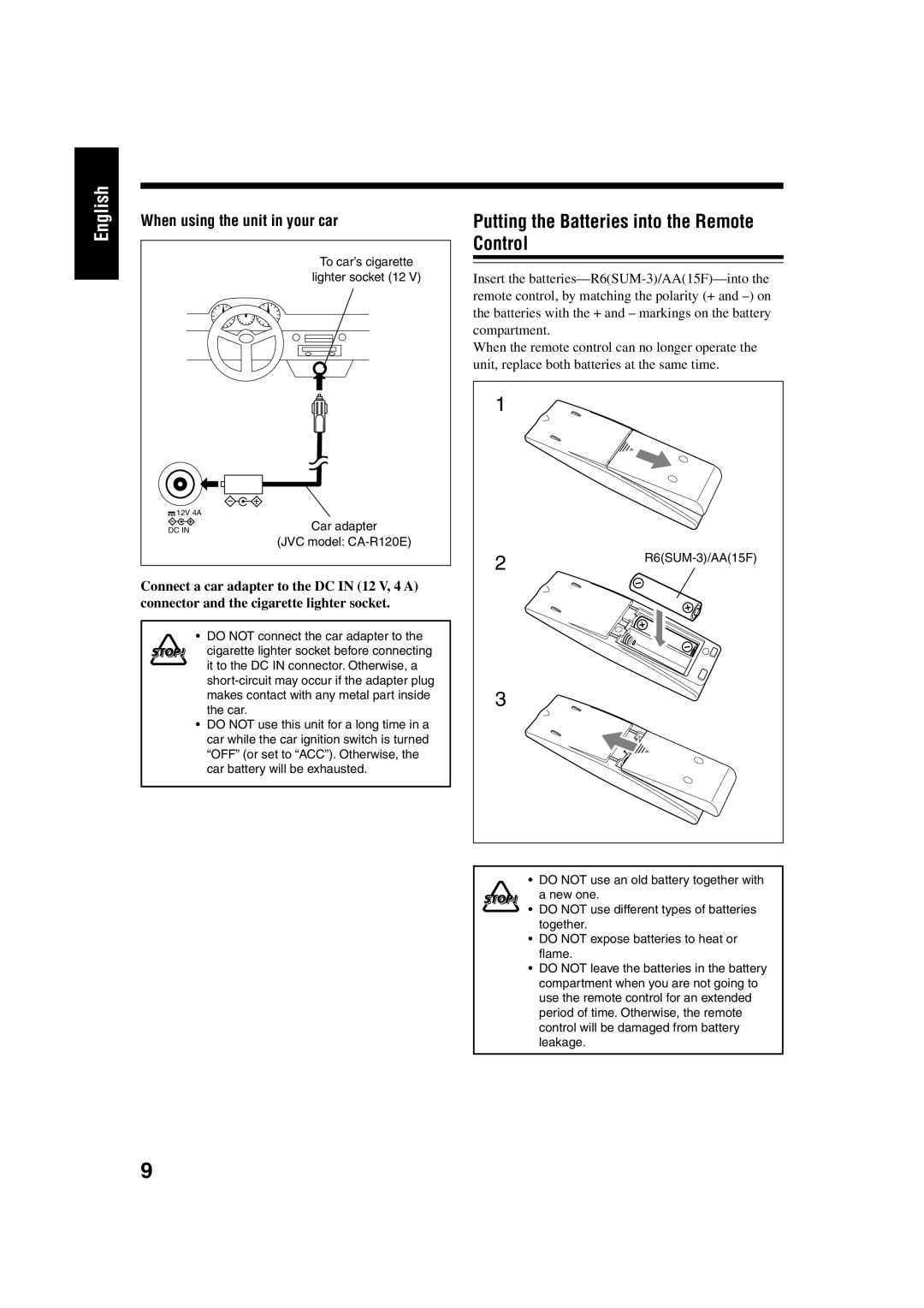 JVC UX-H33 manual Putting the Batteries into the Remote Control, When using the unit in your car 