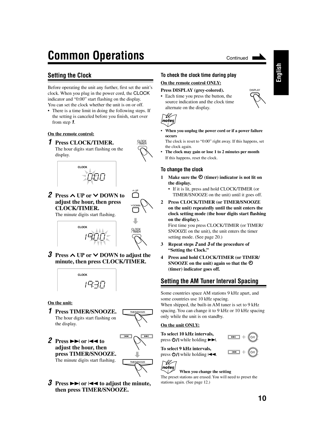 JVC UX-H33 manual Common Operations, Setting the Clock, Setting the AM Tuner Interval Spacing 