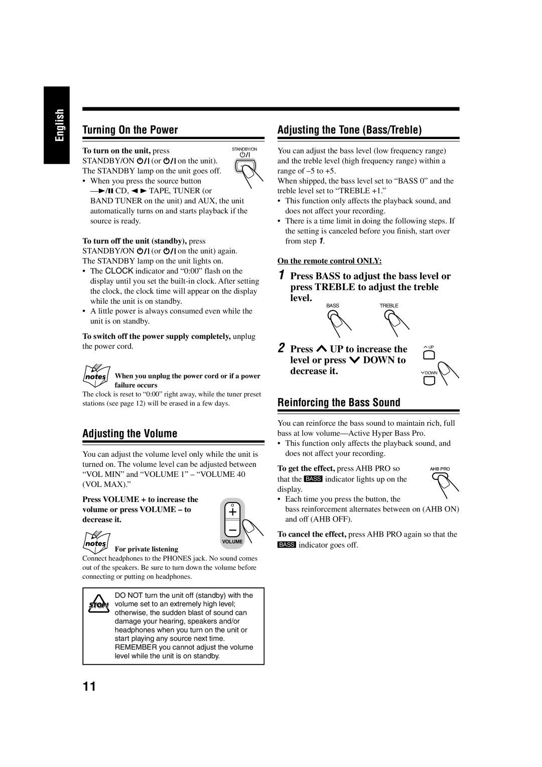 JVC UX-H33 manual Adjusting the Volume, Adjusting the Tone Bass/Treble, Reinforcing the Bass Sound, Level 