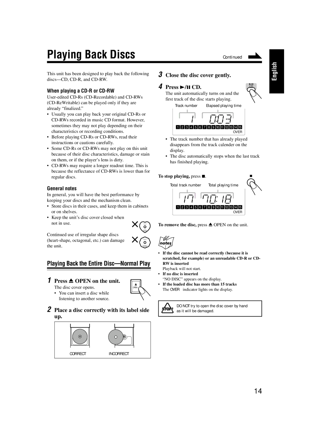 JVC UX-H33 manual Playing Back Discs, Press 0 Open on the unit, When playing a CD-R or CD-RW, General notes 