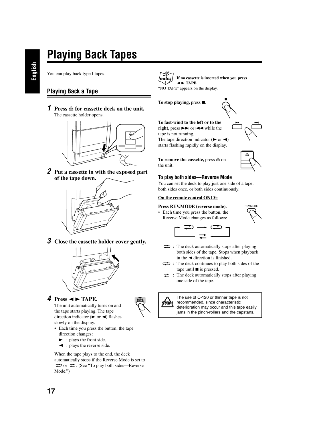 JVC UX-H33 manual Playing Back Tapes, Playing Back a Tape, Press for cassette deck on the unit 