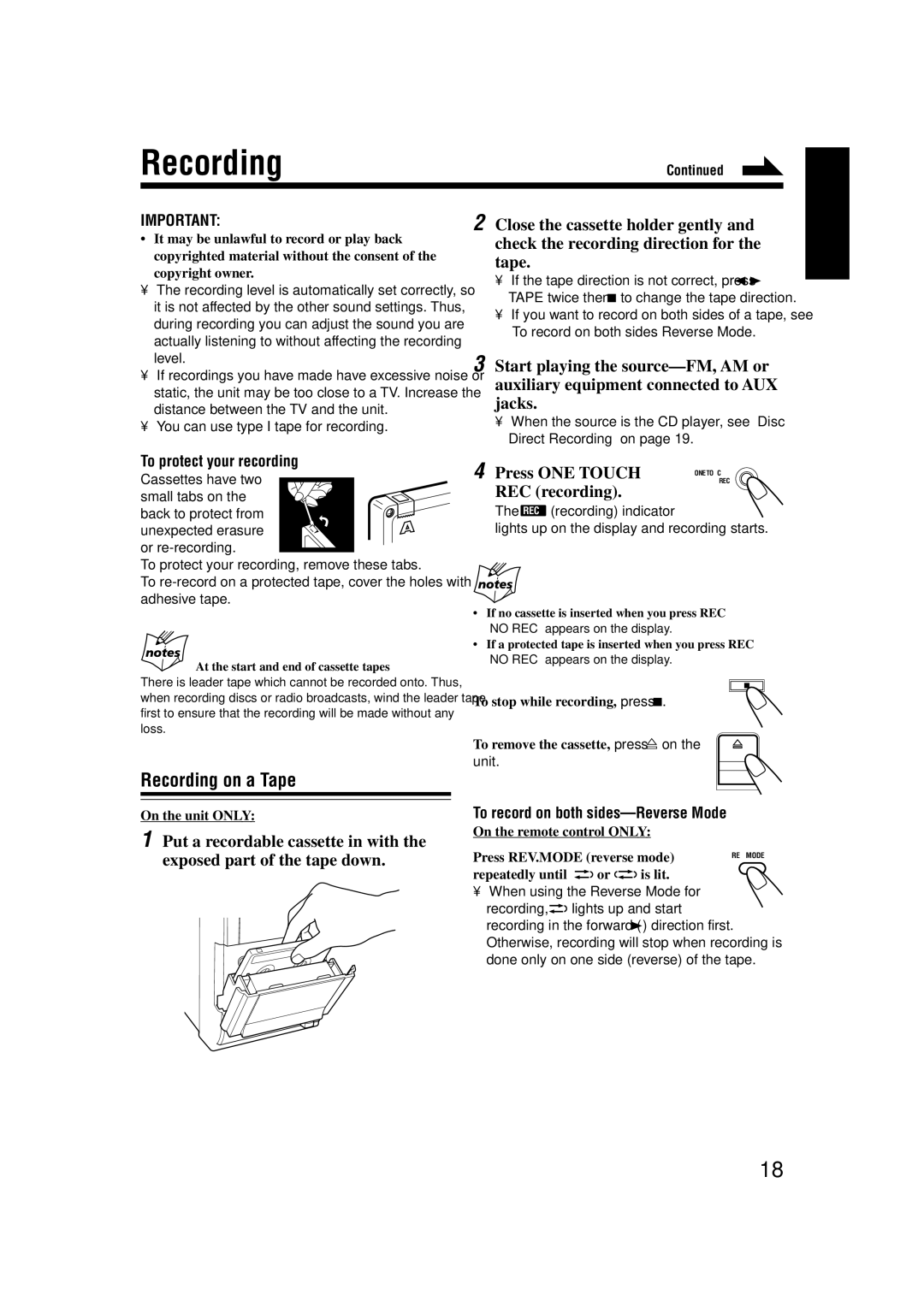 JVC UX-H33 manual Recording on a Tape, To protect your recording, To record on both sides-Reverse Mode 