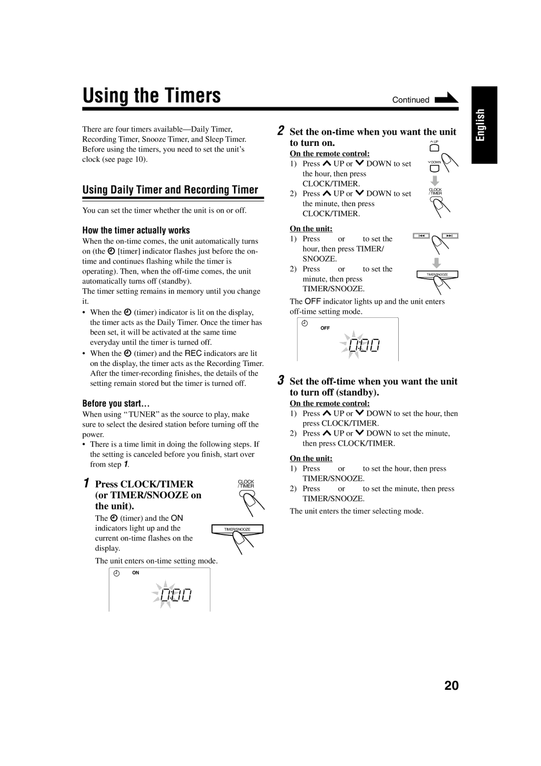 JVC UX-H33 Using the Timers, Using Daily Timer and Recording Timer, Set the on-time when you want the unit To turn on 