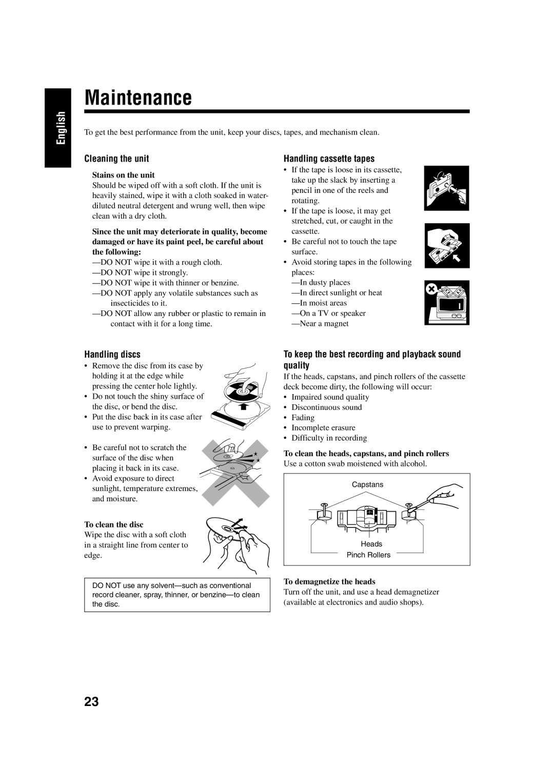 JVC UX-H33 manual Maintenance, Cleaning the unit, Handling cassette tapes, Handling discs 