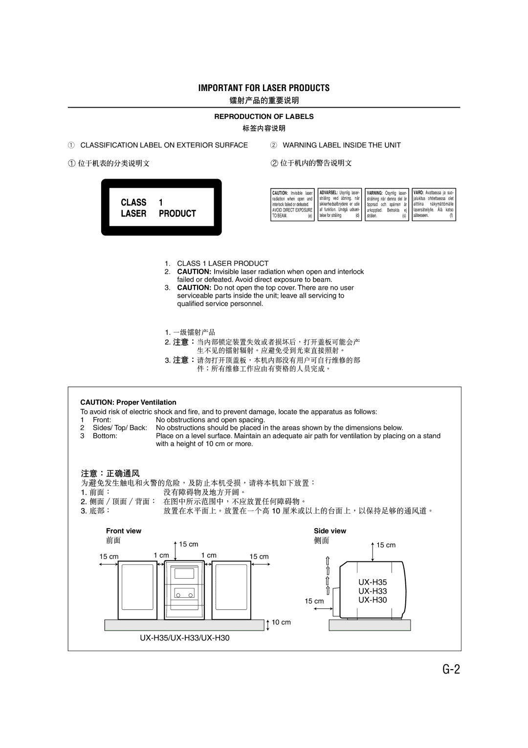 JVC UX-H33 manual Important for Laser Products 