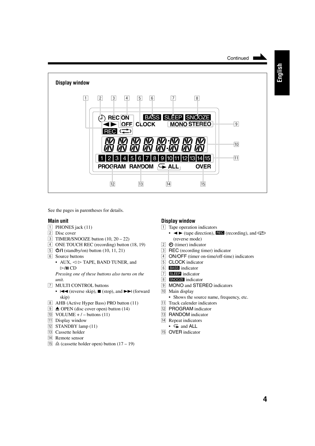 JVC UX-H33 manual Display window, Main unit 