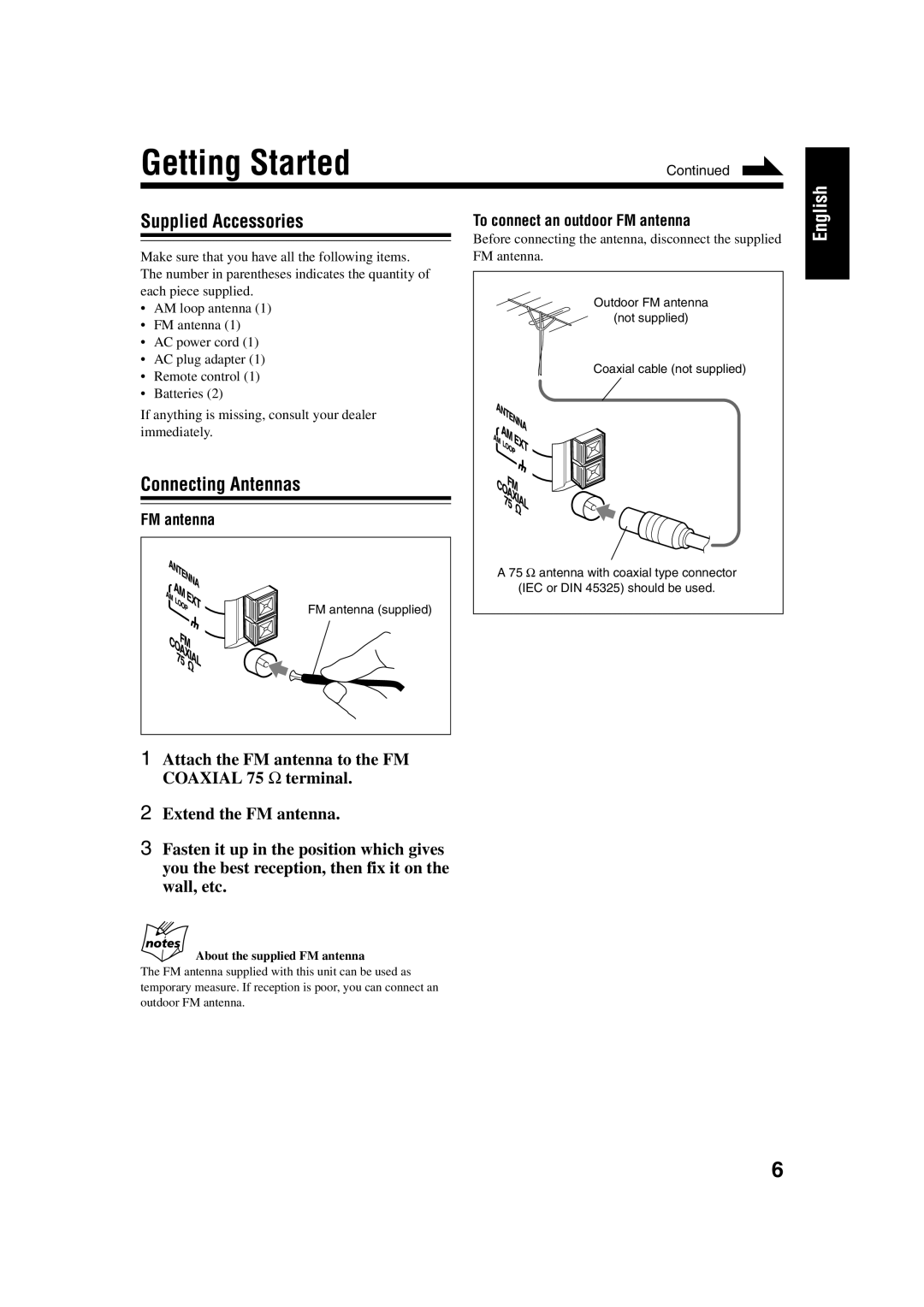 JVC UX-H33 manual Getting Started, Supplied Accessories, Connecting Antennas, To connect an outdoor FM antenna 