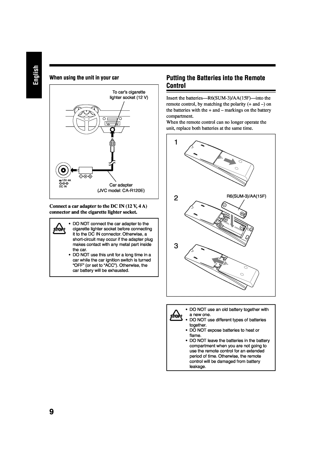 JVC UX-H33 manual Putting the Batteries into the Remote Control, English, When using the unit in your car 