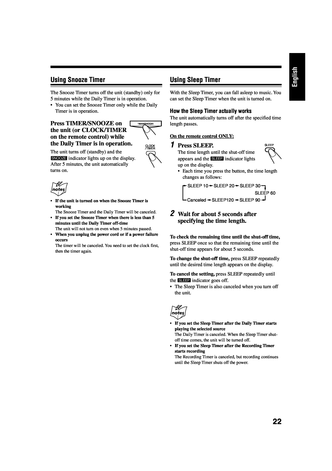 JVC UX-H33 manual Using Snooze Timer, Using Sleep Timer, Press SLEEP, English 