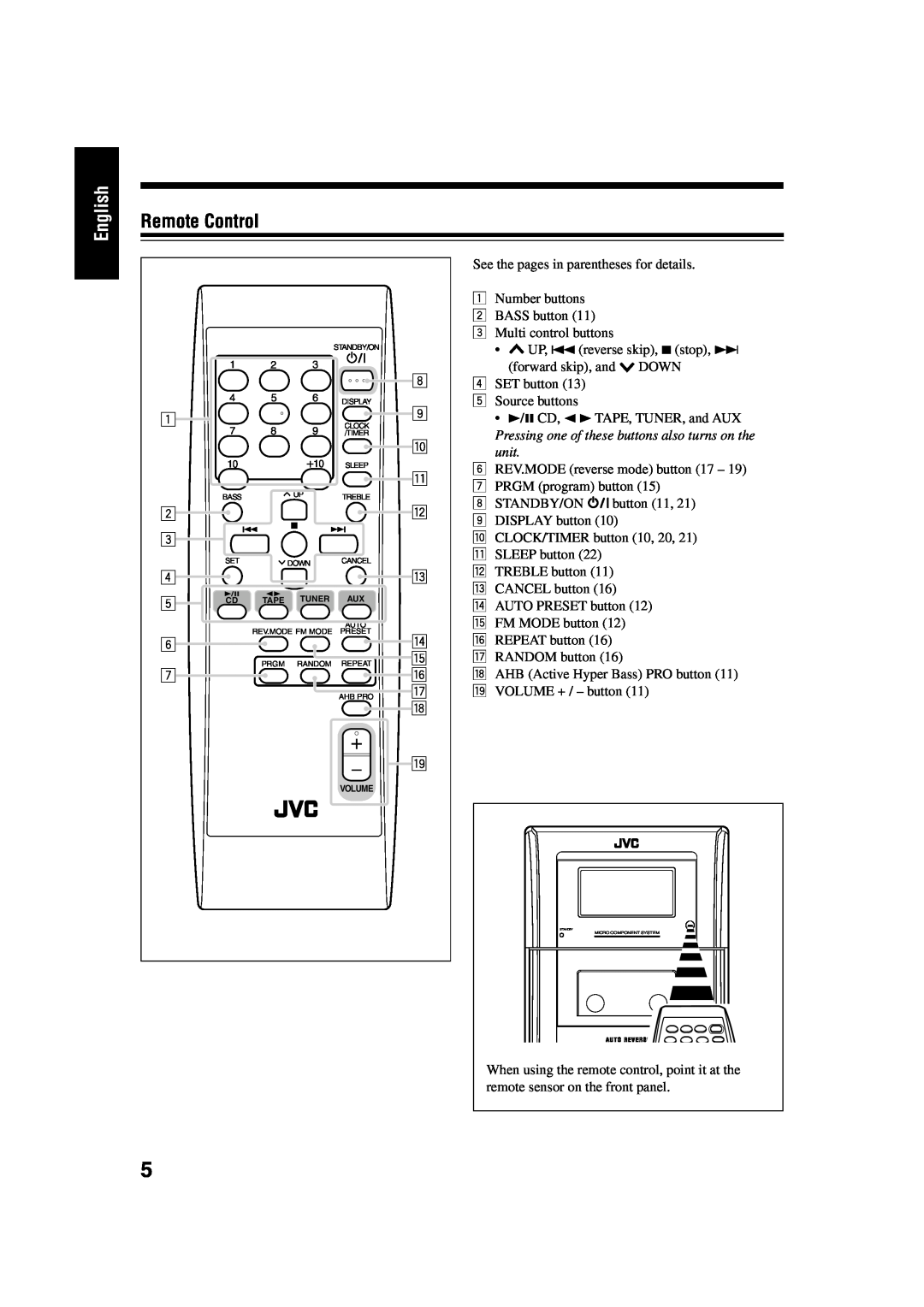 JVC UX-H33 manual Remote Control, English 