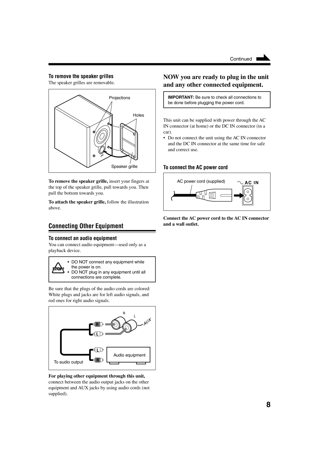 JVC UX-H35 manual Connecting Other Equipment, To remove the speaker grilles, To connect an audio equipment 
