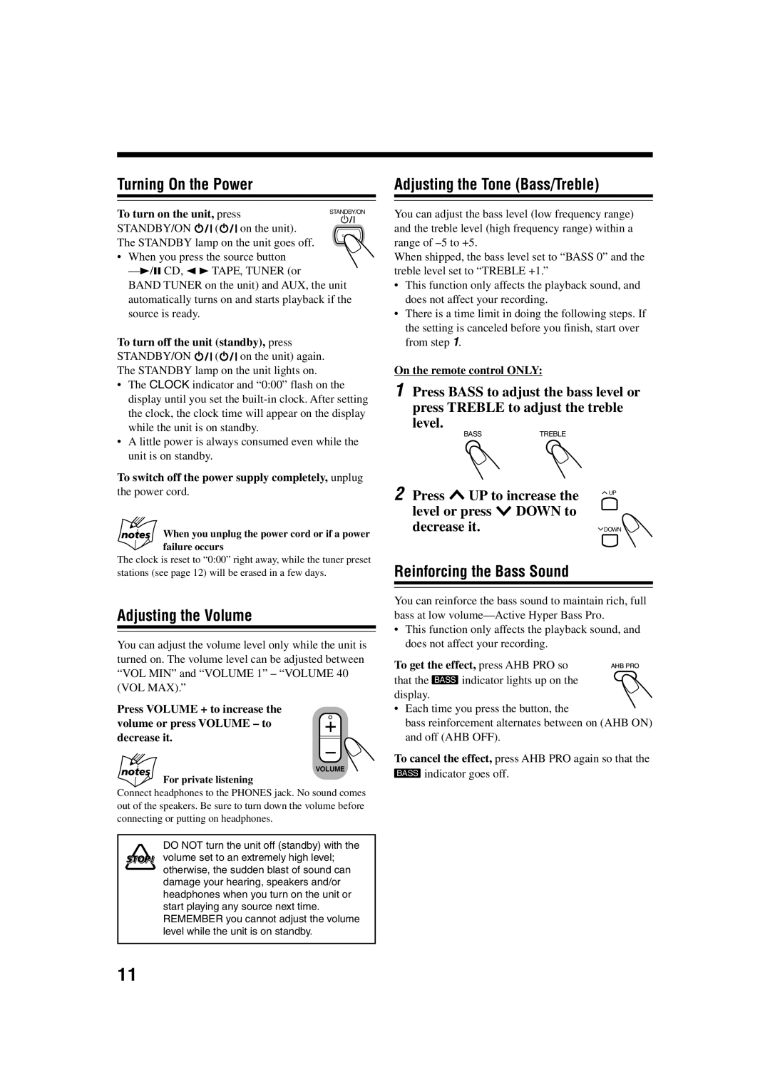JVC UX-H35 manual Turning On the Power, Adjusting the Volume, Adjusting the Tone Bass/Treble, Reinforcing the Bass Sound 