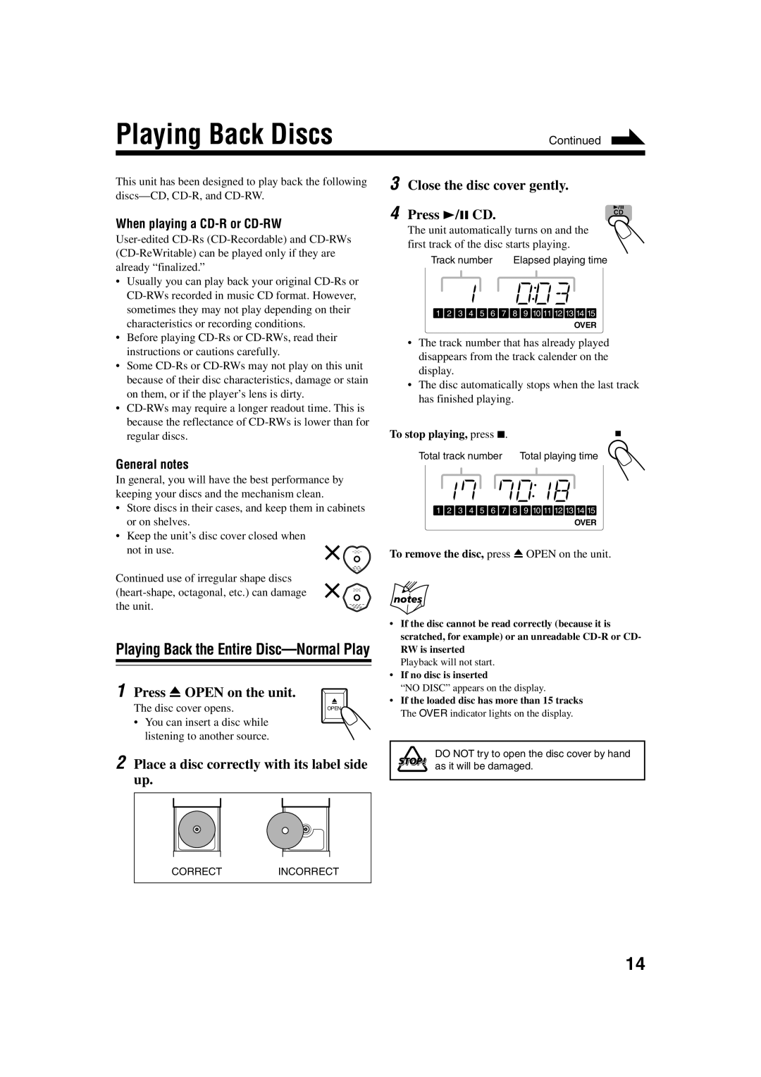 JVC UX-H35 manual Playing Back Discs, Press 0 Open on the unit, When playing a CD-R or CD-RW, General notes 